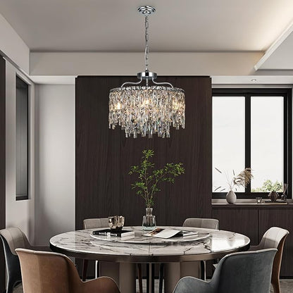 Chrome Crystal Chandelier, Modern Luxury Round Dining Room Chandeliers Over Table，6 Lights Chrome Ceiling Pendant Lighting for Dining Room Bedroom Entryway Foyer Staircase