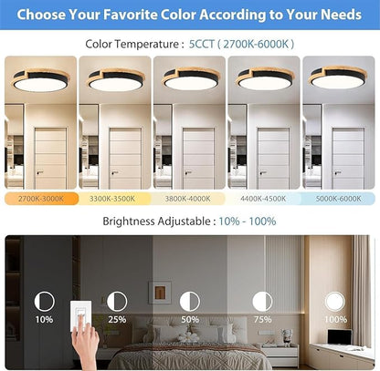 Dimmable Wood LED Flush Mount Ceiling Lights, 5CCT 2700K-6000K Black Hallway Lighting Fixtures, Minimalist Circular Ceiling Lamp for Bedroom Laundry Room Kitchen Entryway