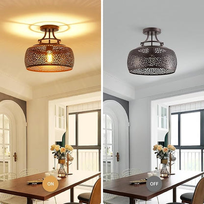 WUZUPS Chandelier Rustic Farmhouse Industrial Round Semi-flushmount Ceiling LED Light Fixture with Later-Cut Openwork Drum Shade, H 11.8" x W 13.4", Oil Rubbed Bronze