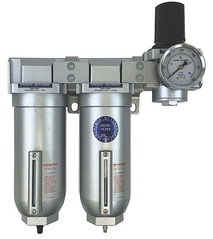 1/2" NPT Industrial (3-Stage) Moisture Removing Particulate Filter Water Separator and Oil, Moisture Vapor Removing Coalescing Filter and Air Pressure Regulator