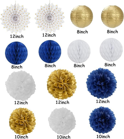 Navy-Blue White Gold Party Decorations - 14pcs Kits Paper Lanterns Fan,Tissue Flower Pom Poms Streamers,Honeycomb Balls,Graduation 2025 Men Birthday Wedding Baby Bridal Shower Decor Lasting Surprise