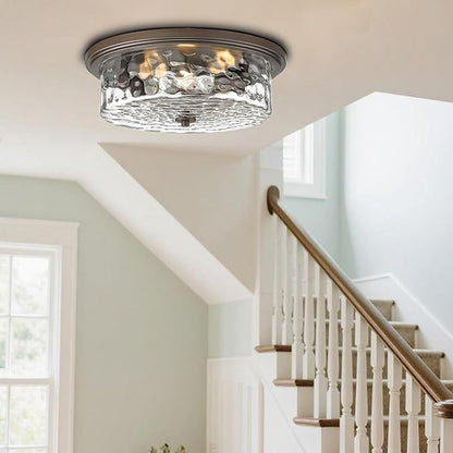 Large Industrial Flush Mount Ceiling Light, 16" 3-Light Modern Ceiling Light Fixture, Farmhouse Close to Ceiling Lighting,Hammered Glass Ceiling Light for Bedroom, Living Room, Kitchen Island