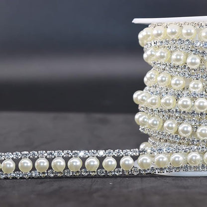 Jerler Rhinestone Trim Applique 1 Yard 2 Rows Crystal Chain Banding Diamond Inlaid White Pearl Beaded Rhinestones for Crafts Clothing and Bridal Embellishments Wedding Ideas Christmas Decorations