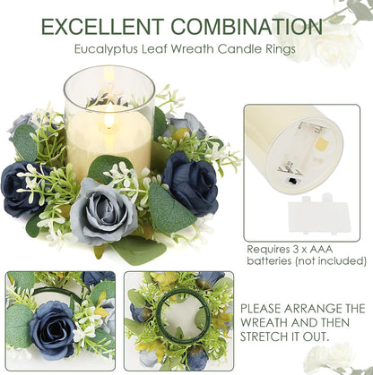 Blue Rose Candle Rings with Flameless Candles Sets - 4PCS Artificial Flower Eucalyptus Wedding Centerpiece 3 Inch Pillar Candleholders Wreaths for Wedding Party Decor (Blue - 2 Sets)