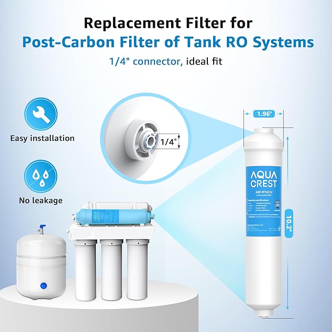 AQUA CREST FF35 Inline Water Filter Replacement, 1/4" Quick-Connect Replacement for Refrigerator, Post-Carbon Filter for Reverse Osmosis Systems, NSF/ANSI 42 Certified, 6-12 Months(NO Fittings)