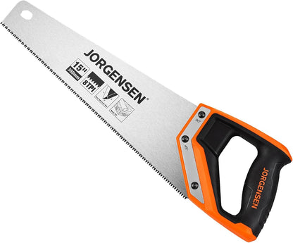 JORGENSEN 15 Inch Pro Hand Saw, 8 TPI Fine-Cut Ergonomic Non-Slip Aluminum Ultrasonic Welding Handle for Sawing, Trimming, Gardening, Woodworking, Drywall, Plastic Pipes