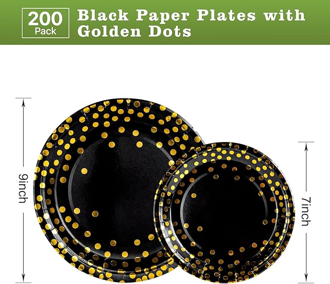 Lullaby 200PCS Black Paper Plates, Black and Gold Paper Plate, 100pcs Dinner Plates 9"，100pcs Dessert Plates 7", Disposable Graduation Plates with Golden Dot for Birthday party, Halloween