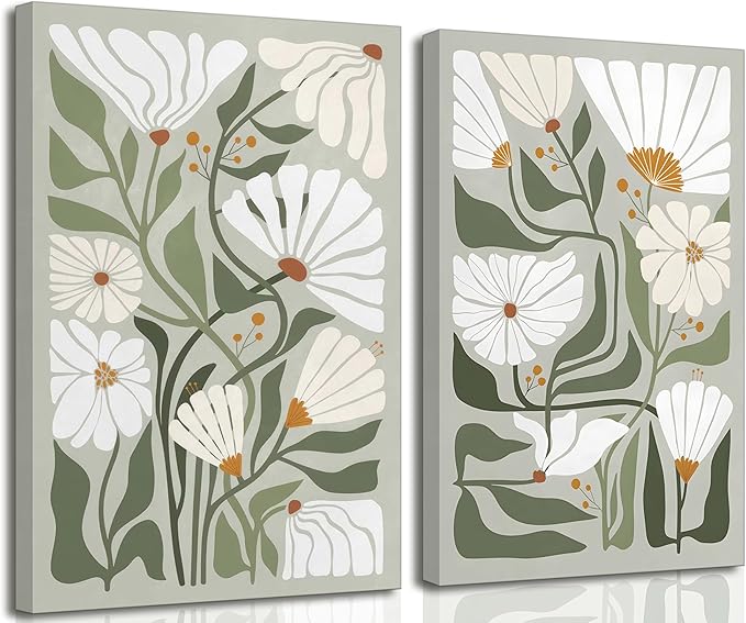 2 Pcs Boho Wildflowers Canvas Wall Art Green Bohemia Abstract Floral Botanical Painting Picture Wall Decor Poster Print Artwork for Living Room Bedroom Bathroom Home Decoration