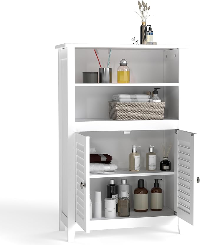 Gizoon Bathroom Floor Cabinet with Widened Top Table, Freestanding Storage Cabinet with Adjustable Shelf, 2 Shutter Doors and Concealed Hinges, for Living Room, Entryway, Kitchen, White