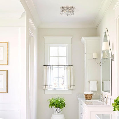 LamQee 9.8" Small Flush Mount Ceiling Light With Clear Hammered Glass, Brushed Nickel Hallway Light Fixtures Ceiling Mount for Bathroom, 2-Lights Farmhouse Close To Ceiling Light Kitchen Foyer Bedroom