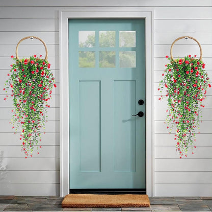 Artificial Hanging Flowers, 3 Pcs Fake Hanging Plants Artificial Vines for Outdoors, Fake Ivy Vine UV Resistant No Fade Faux Plants for Indoor Outside Garden Patio Yard Greenery Decoration (Red)