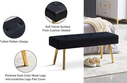 Homedot Black Velvet Ottoman Bench Simple Design Soft Velvet Dining Room Bench Tufted for Kitchen, Upholstered Entryway Bench with Sturdy Metal Legs for Home