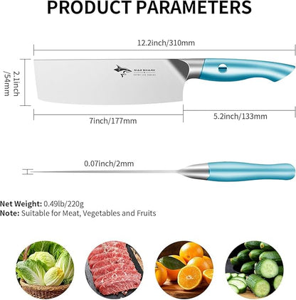 MAD SHARK Nakiri Chef Knife 7 Inch Vegetable Knives, Ultra Sharp Knife, Multipurpose Chopping Knife with Precision and Beauty, for Home and Kitchen, Unique gift for Family with Box，Blue