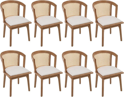 CIMOTA Mid-Century Modern Rattan Wood Dining Chairs Set of 8, Farmhouse Kitchen Chairs with Barrel Cane Backrest/Upholstered Seat/Natural Oak Finish for Dining Room/Cafe/Bistro, Linen Beige