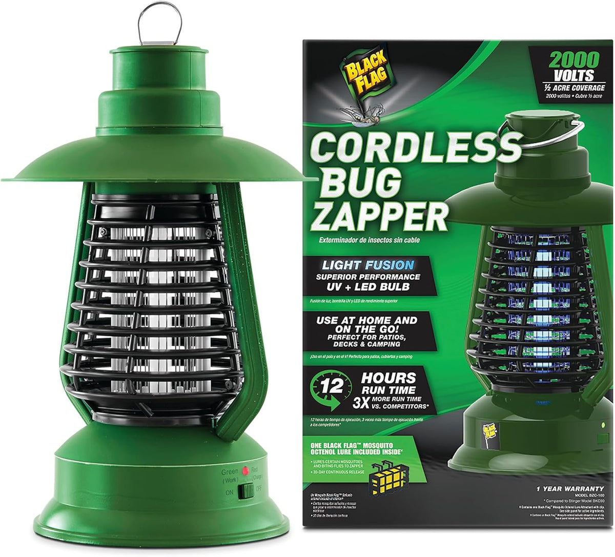 Black Flag 2000v Bug Zapper Lantern | Rechargeable Indoor/Outdoor Fly Zapper | 12-Hour Electric UV Pest Control (Green)