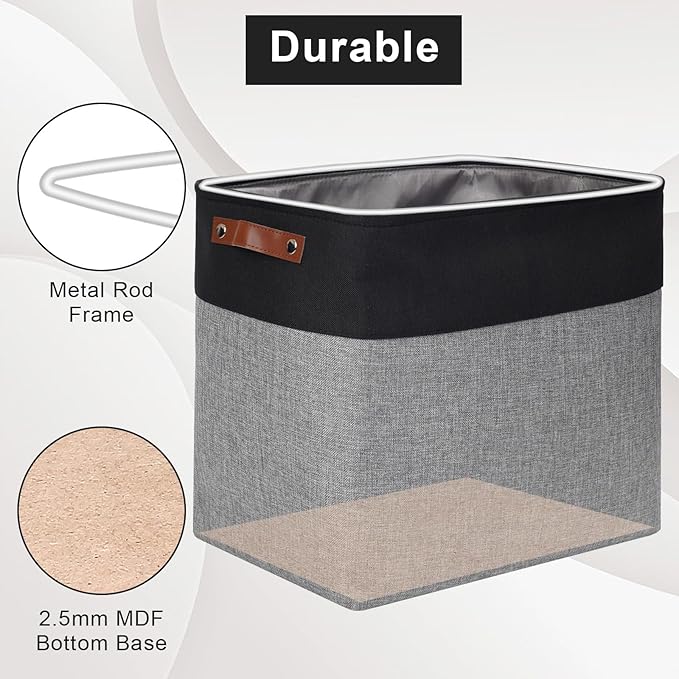 Large Fabric Storage Baskets | 50L Storage Bins, Decorative Linen Closet Baskets with Handles for Organizing, Shelf, Toys, Clothes, Home, Office, Nursery, 17x12x15Inches (Gray&Black)