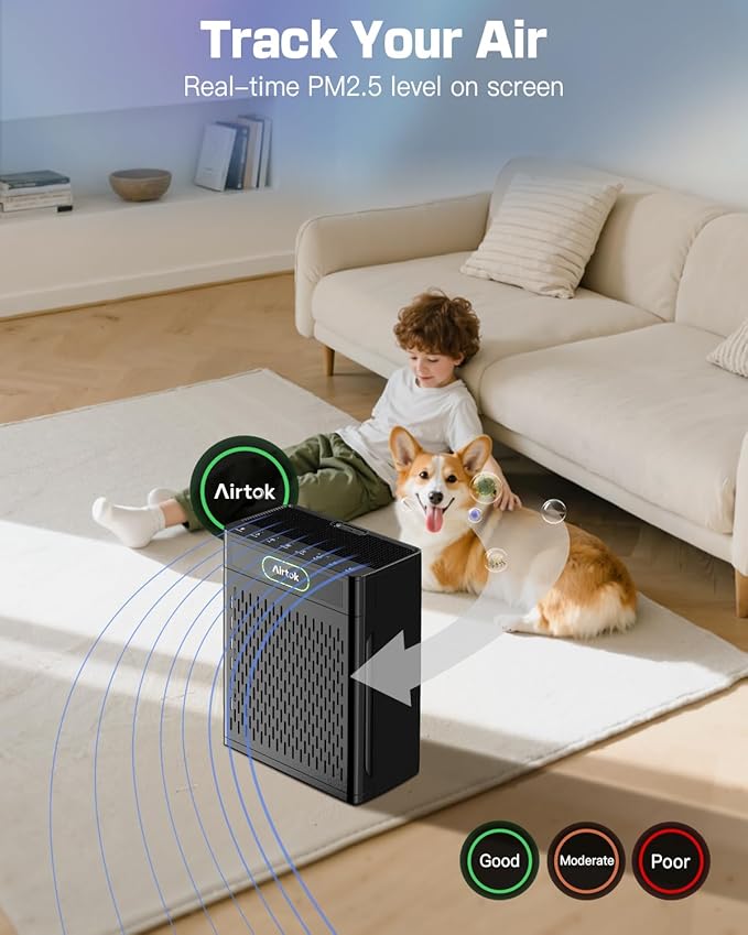 Air Purifiers for Home Large Room Up to 1848sq.ft, Airtok Air purifier for Home Pet, Washable Pre-Filter Air Quality Monitor HEAP Sleep Mode Air Cleaner for Bedroom, Dorm room, Office, AP3001 Black