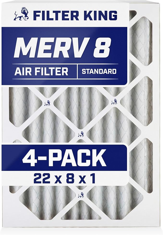 Filter King 22x8x1 Air Filter | 4-PACK | MERV 8 HVAC Pleated A/C Furnace Filters | MADE IN USA | Actual Size: 22 x 8 x .75"