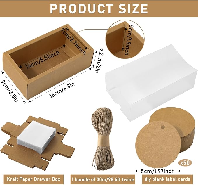 Roowest 50 Sets Kraft Soap Boxes Rectangle Packaging Box with Window Homemade Gift Box with Blank Tags and Jute String for Jewelry Candy Wrapping Party Favor(6.3 x 3.5 x 2 Inch,Kraft Color)