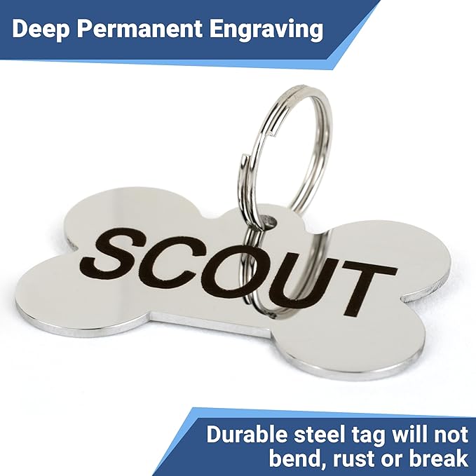 GoTags Stainless Steel Pet ID Tags, Personalized Dog Tags and Cat Tags, up to 8 Lines of Custom Text, Engraved on Both Sides, in Bone, Round, Heart, Bowtie and More (Bow Tie, Small (Pack of 1))