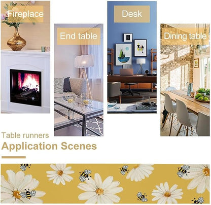 Daisy Flower Table Runner, Summer Spring Seasonal Watercolor Wildflower Yellow Bee Print Table Cover for Home Party Decor Kitchen Dining Table, 13x70inch