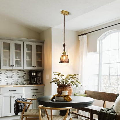 Brown Glass Vintage Pendant Light 4.33" Handmade Glass Pendant Lights Kitchen Island Gold Hanging Light Fixture for Bedroom Dining Room Hotel (2 Pack)