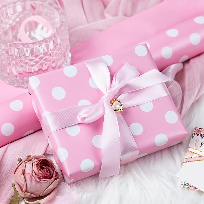 Burymento Pink and White Dots Wrapping Paper, Reversible Pink Gift Wrap for Birthday, Valentines, Mothers day, Graduation, Wedding, Fathers day, Baby Shower, Christmas (17in x 32.8ft)