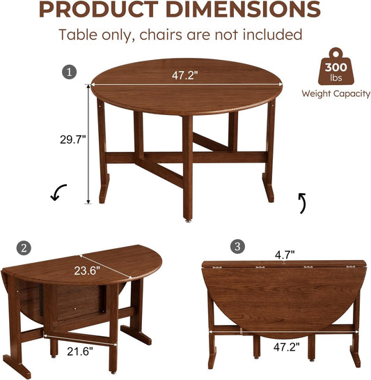 47.2" Solid Wood Small Round Dining Table, 3 in 1 Space Saving Folding Dining Table, Foldable Kitchen Table for 2-6, Round Table with Leaf, Wooden Folding Table Drop Leaf Tables for Small Spaces