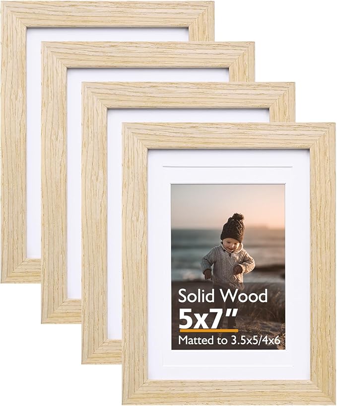 KINLINK 5x7 Picture Frame Natural, Solid Wood Frames with Acrylic Plexiglass for Pictures 3.5x5/4x6 with Mat or 5x7 without Mat, Tabletop and Wall Display Photo Frame, Set of 4