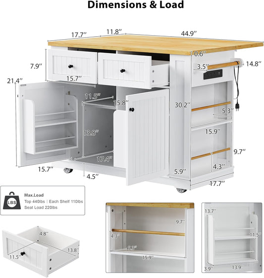 48" Kitchen Island with Drop Leaf, Power Outlet and Wheels | Drop Leaf Extension, Built-In Power Outlet, Rolling Wheels, 48 Inch Width, Kitchen Storage