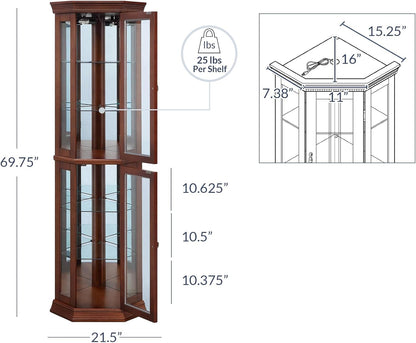 BELLEZE Lighted Wooden Corner Display Curio Cabinet, Two Section Shelving Unit with Tempered Glass Door, Bar and Liquor Storage Area with 6 Shelves - Lorona (Walnut)