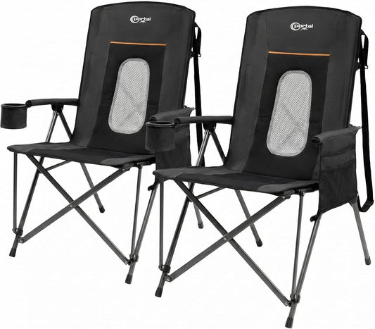 Portal Oversized Folding Camping Chair High Back Portable Lawn Chairs for Adults Outdoor Sports with Hard Armrest Cup Holder，Supports 400LBS, 2P Black