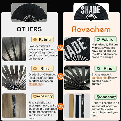 UV Glow Rave Fan, Bamboo Folding Clack Hand Fans Foldable for Men Women, Boots on the Ground Poping Fan for EDM Festival Line Dance Decoration, (Mushrooms and Skulls, Large 13")