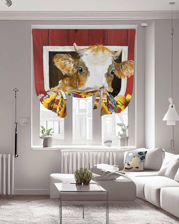 Tie Up Curtains for Windows, Cows Sunflowers Adjustable Balloon Nature Linen Textured Kitchen Curtain, Spring Floral Bees Farmhouse Barn Thermal Insulated Curtains for Window, 42" x 54"