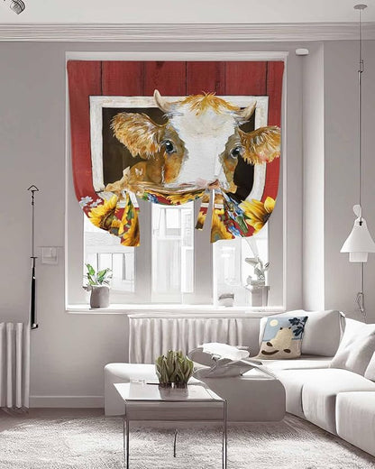 Tie Up Curtains for Windows, Cows Sunflowers Adjustable Balloon Nature Linen Textured Kitchen Curtain, Spring Floral Bees Farmhouse Barn Tie Up Light Filtering Curtains for Decor, 34 x 45 in