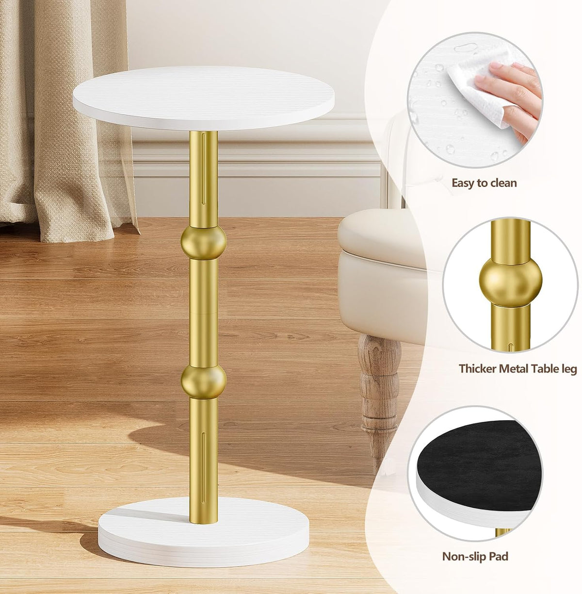 Drink Table, Small Round Side Table for Small Spaces, Modern Accent Round End Tables with Metal Leg, Thickened Wood Pedestal Coffee Tables for Living Room, Bedroom, Narrow Corners,Sofa Couch