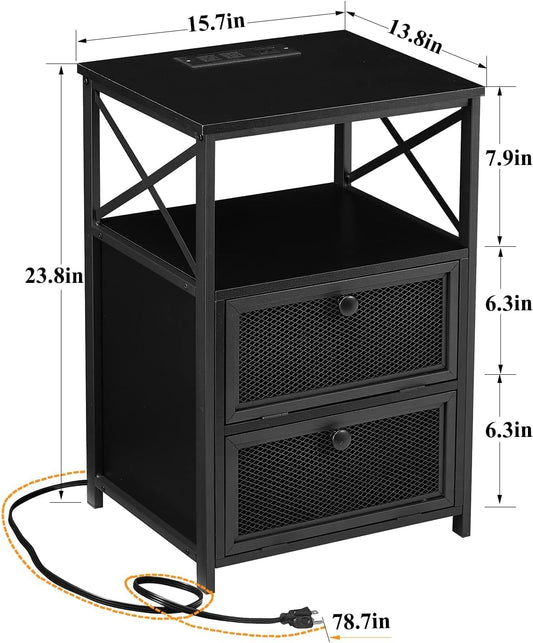 VECELO Black End Table with USB Ports and Outlets,24 Inch Nightstands with Charging Station and Storage Shelf for Bedroom,Living Room, 1 Set