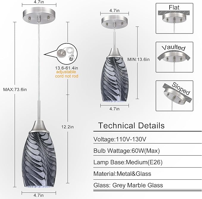 Mini Glass Pendant Light 4.72" with Handblown Black Gray Marble Art Glass Hanging Light 3-Pack Oval Ceiling Hanging Light Fixture for Dining Room Kitchen Island Cafe Foyer Hallway
