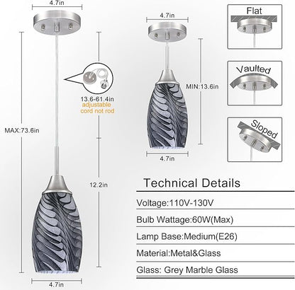 Mini Glass Pendant Light 4.72" with Handblown Black Gray Marble Art Glass Hanging Light 3-Pack Oval Ceiling Hanging Light Fixture for Dining Room Kitchen Island Cafe Foyer Hallway