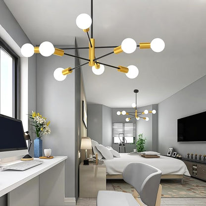 Sputnik Ceiling Light Fixture Chandelier, 8-Light Dining Room Light Over Table Height Adjustable Mid Century Hanging Light Fixture E26 Pendant for Bedroom Kitchen Livingroom 53InchH Gold+Black