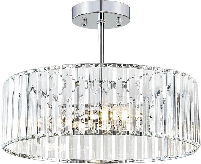 Crystal Chrome Ceiling Light, Modern Semi Flush Mount Ceiling Lighting Fixture, Round Hallway Lighting Fixtures Chandelier for Kitchen Entryway Bedroom Dining Room, 3-Light, 15.7 Inch