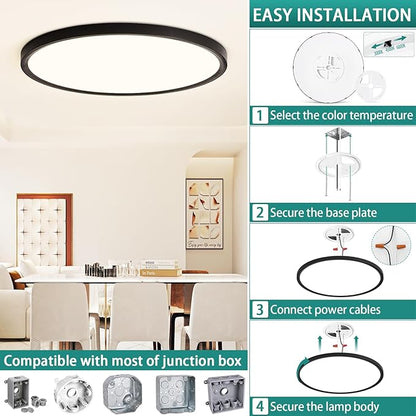 24 Inch Dimmable LED Ceiling Light Fixture, Ultra Thin Flush Mount, 48W 4800Lumen, 3 Color Changeable, Round, Black, for Dining Room, Living Room, Bedroom, Office, Hotel