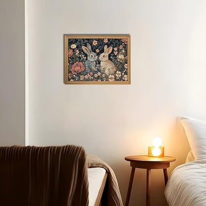 AKWISH Framed 3D Textured Vintage Wall Art - Dark Academia Easter Bunny Decor Hand Drawn Sandstone Paintings with Botanical Florals, Aesthetic Wall Decor for Living Room Bedroom Home 12x16 inch