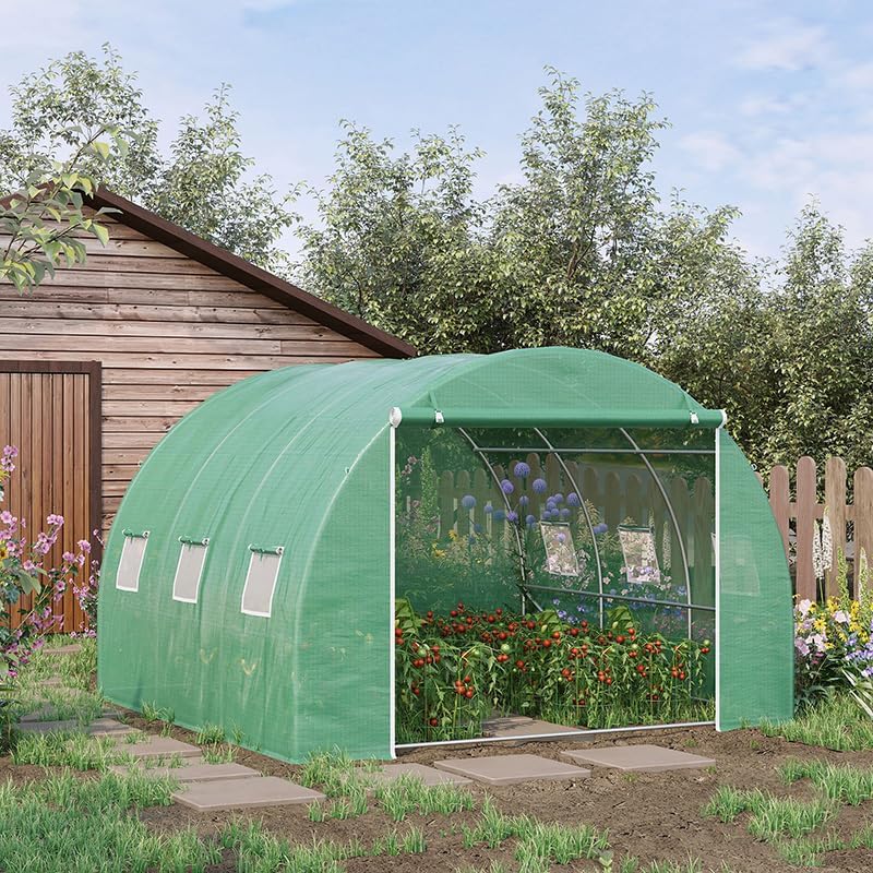 Outsunny 10' x 10' x 6.5' Walk-in Tunnel Hoop Greenhouse, Polyethylene PE Cover, Steel Frame, Roll-Up Zipper Door & Windows for Flowers, Vegetables, Tropical Plants, Green