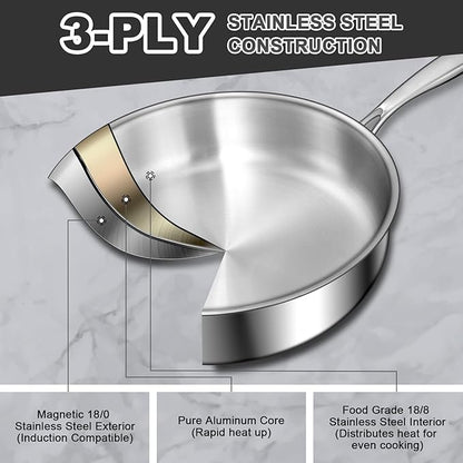 EWFEN 12 Inch Tri-Ply Stainless Steel Frying Pan, 5-Quart Deep Saute Pan with lids, PFOA&PTFE Free Skillet, Induction Cooking Pan, Dishwasher&Oven Safe,Works on All Cooktops