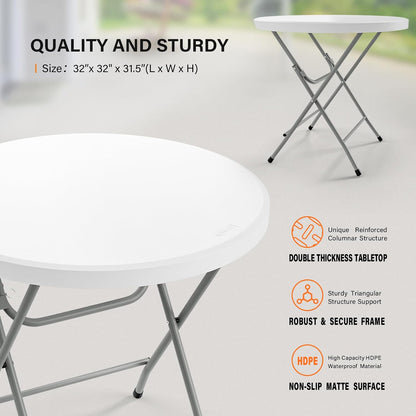 VINGLI 32" Round Folding Commercial Banquet Table, Portable Plastic Coffee Card Dining Table for Kitchen or Outdoor Party Wedding Event, 1 Pack, White | Folding