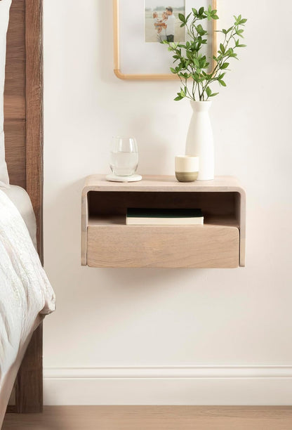Kate and Laurel Kato Modern Mango Wood Floating Side Table with Drawer, 18 x 10 x 9, Whitewash, Contemporary Wooden Floating Nightstand for Bedroom Bedside Table or Living Room Wall Storage