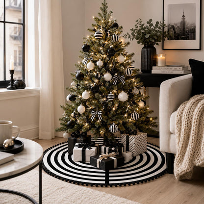 MACTING Christmas Black and White Tree Skirt, 30 Inch Annual Rings Tree Mat with Pom Poms for Xmas Tree Halloween Indoor Home Holiday Party Christmas Decorations