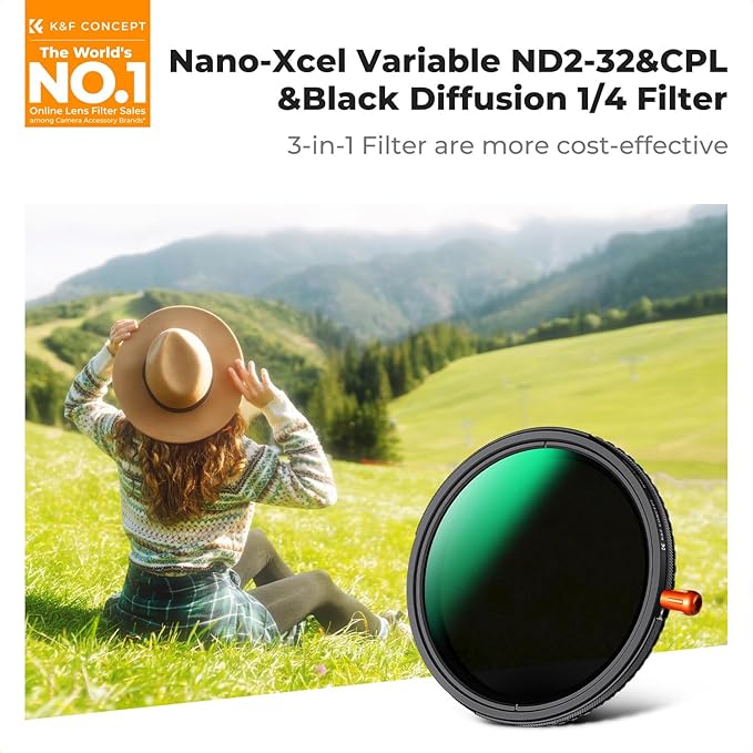K&F CONCEPT 49mm Black Diffusion Mist Effect 1/4 & Variable ND2-32(1-5 Stops) & Circular Polarizing Filter CPL-in 1 HD Lens Filter with 28 Multi-Coatings for Camera Lenses (Nano-X Series)