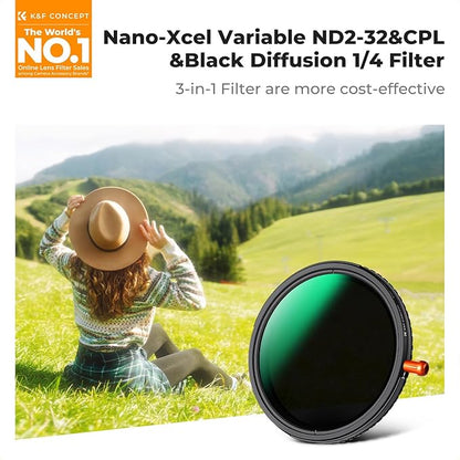 K&F CONCEPT 82mm Black Diffusion Mist Effect 1/4 & Variable ND2-32(1-5 Stops) & Circular Polarizing Filter CPL-in 1 HD Lens Filter with 28 Multi-Coated for Camera Lenses (Nano-X Series)